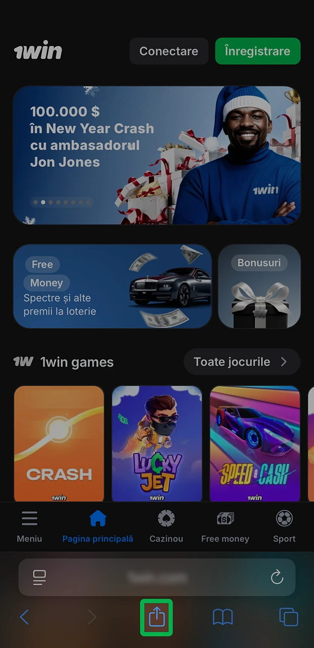 Selectați pictograma Distribuiți pentru a instala aplicația 1win.