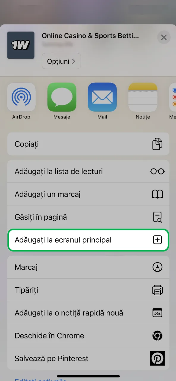 Opțiune Add to Home Screen pentru 1win.