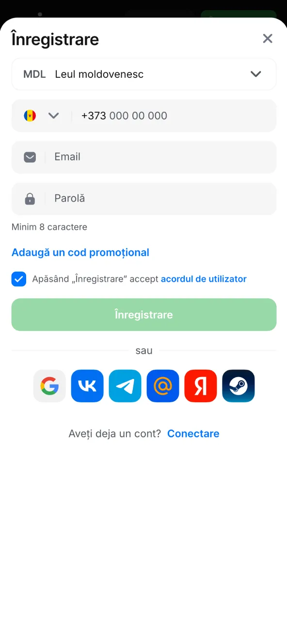 Introdu datele de bază și finalizează contul 1win Moldova.
