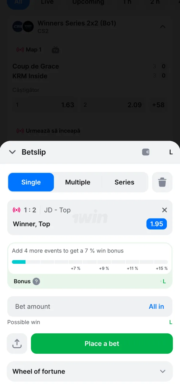 Introdu miza și confirmă biletul 1win.