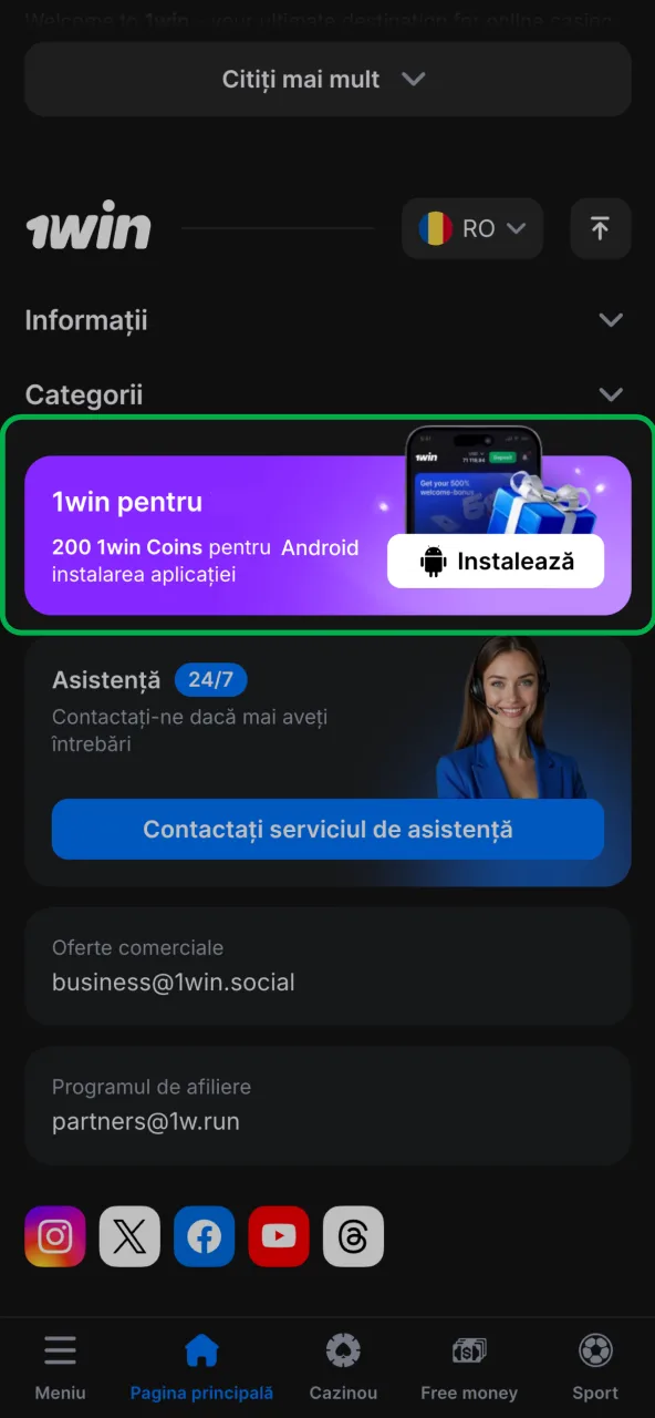 Download APK 1win direct pe telefon.