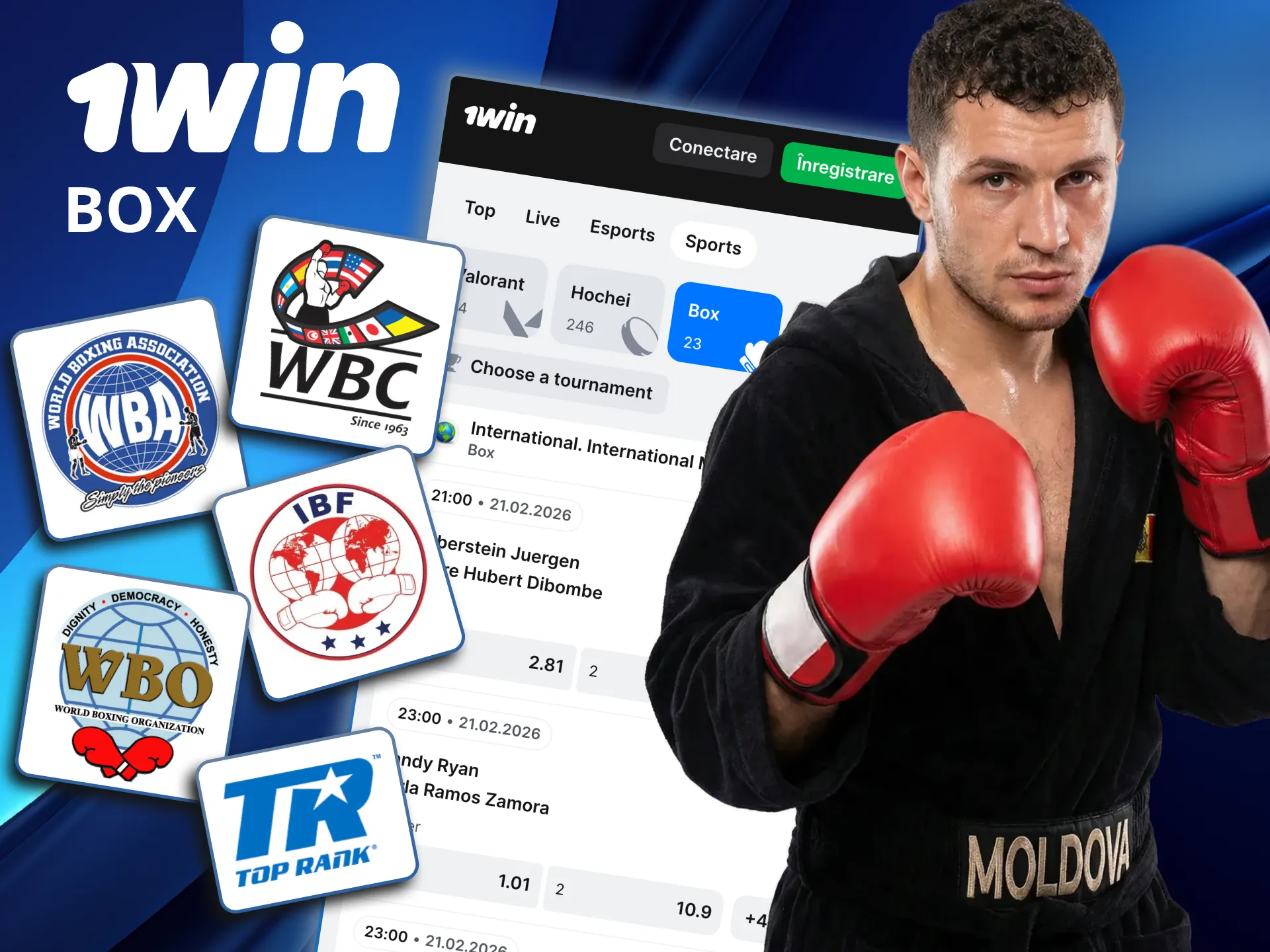 Competițiile de box disponibile pe 1win includ WBA, WBC și IBF.